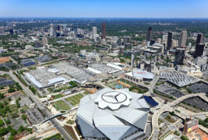 Lower level aerial image of downtown atlanta